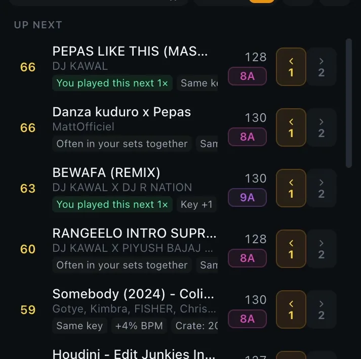 Up Next list with scores, BPM, key chips and reasons like 'You played this next 1×', 'Often in your sets together' and 'Same key'.